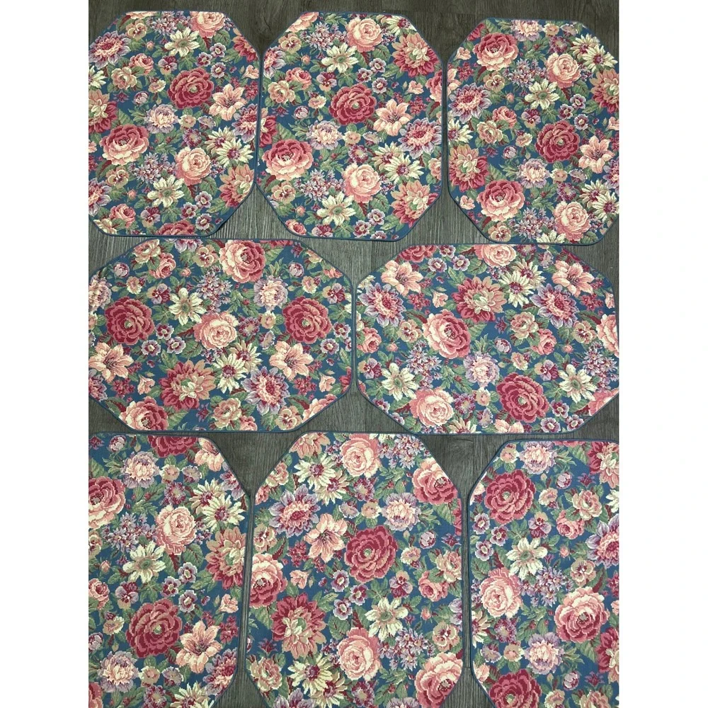 Vintage 80s 90s Quilted Placemats Set of 8 Cottagecore Cabbage Rose Floral Blue